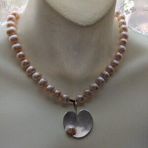 Designer Pink Freshwater Pearl Sterling Heart Pendant Beaded Necklace 16.75" P